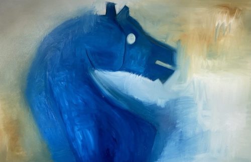 Oil painting of a black knight chess piece.